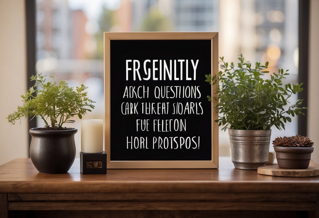 A set of furniture feet arranged neatly on a display shelf, with a sign reading "Frequently Asked Questions" above them
