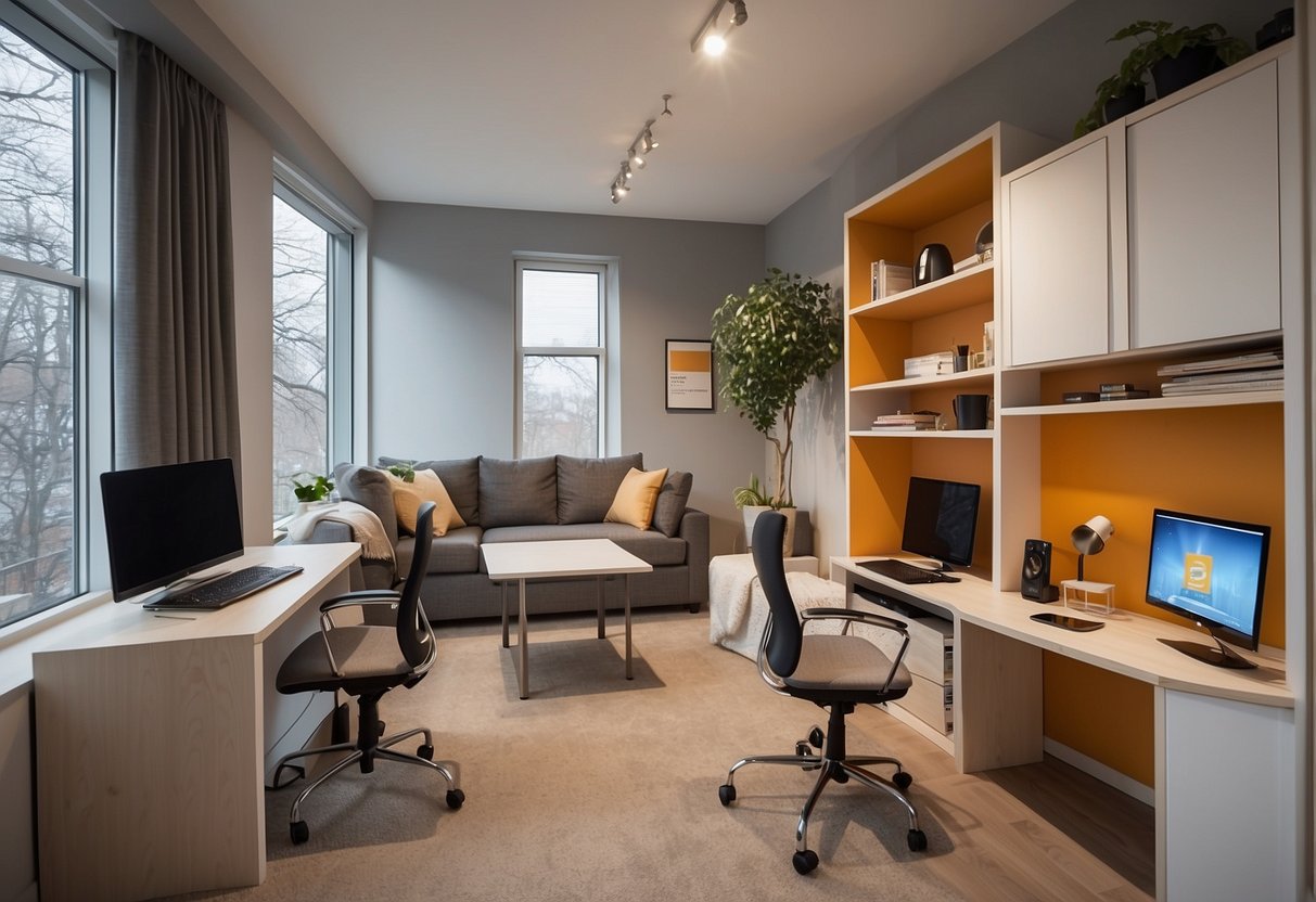 A small room with compact, multi-functional furniture. The space is efficiently utilized with foldable tables, wall-mounted shelves, and stackable chairs