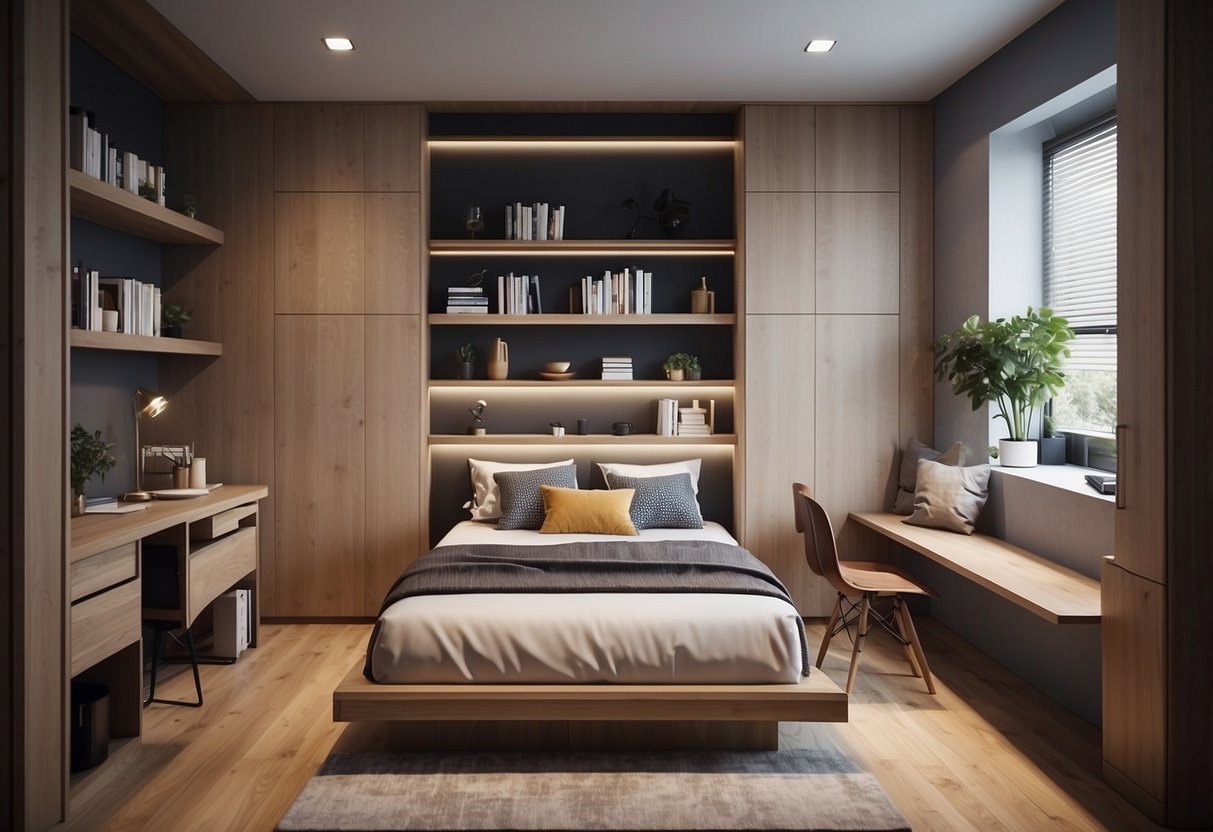 A small room with foldable tables, hidden storage, and wall-mounted shelves. Cleverly designed furniture maximizes space