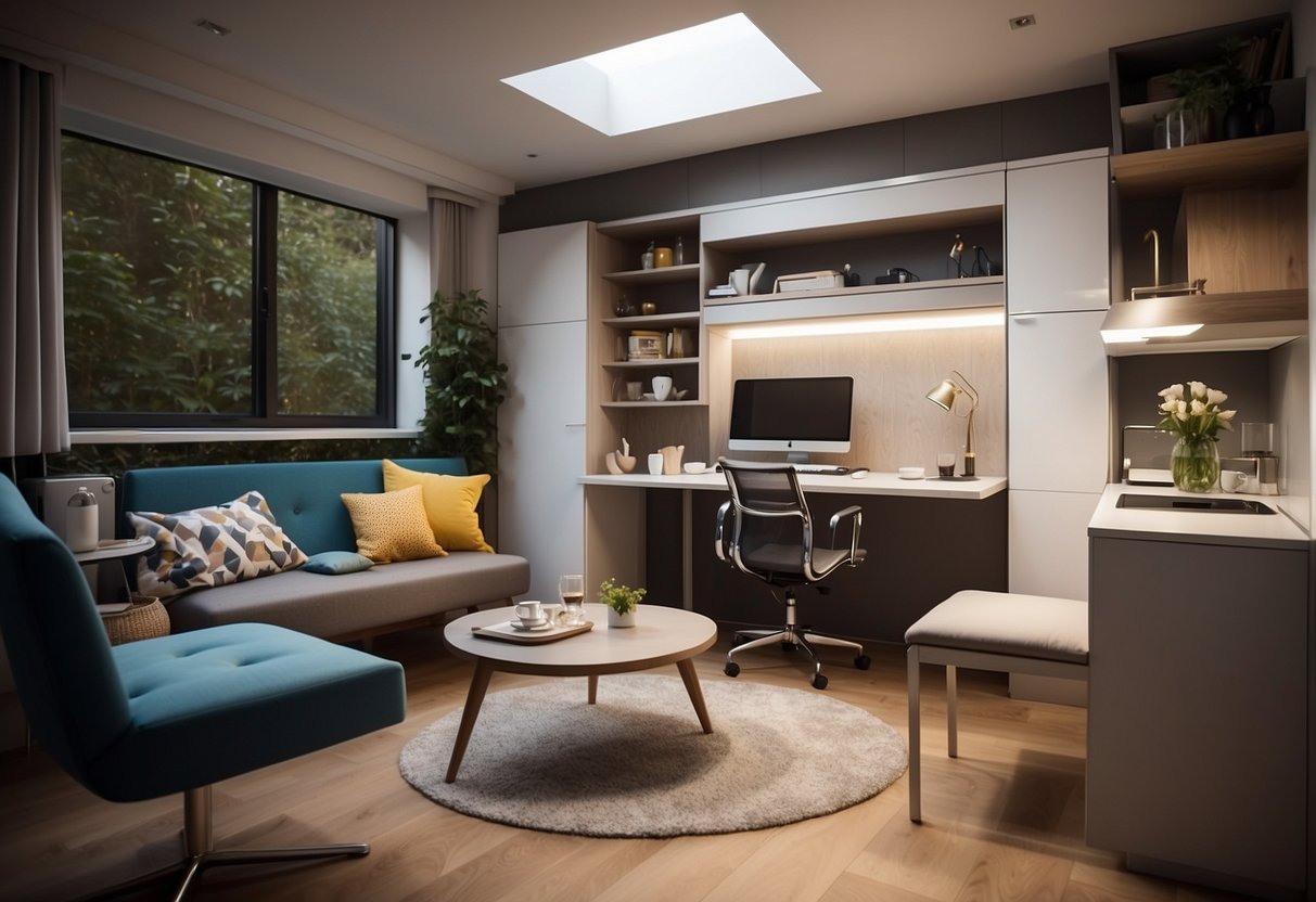 A small, multi-functional room with a wall-mounted fold-down desk, a sofa bed with hidden storage, and a compact dining table with folding chairs
