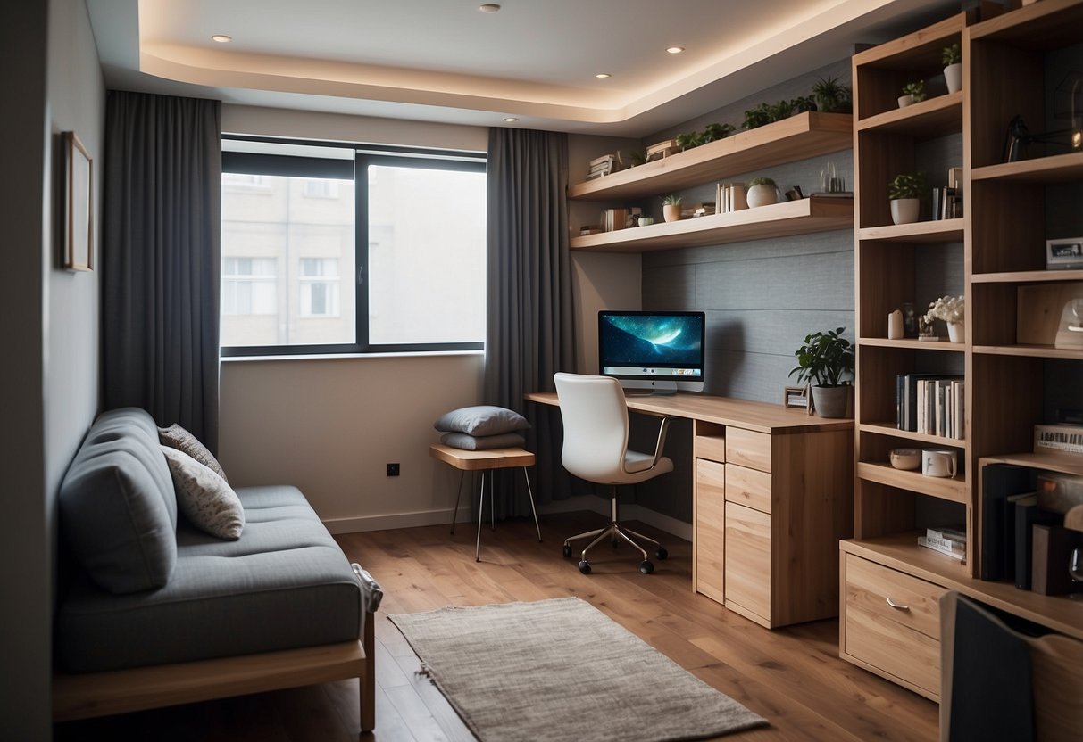A small room with limited space, filled with compact furniture