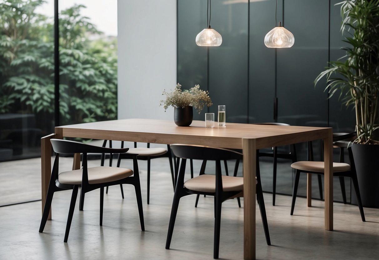 A sleek, modern table from Singapore with minimalist furniture around it