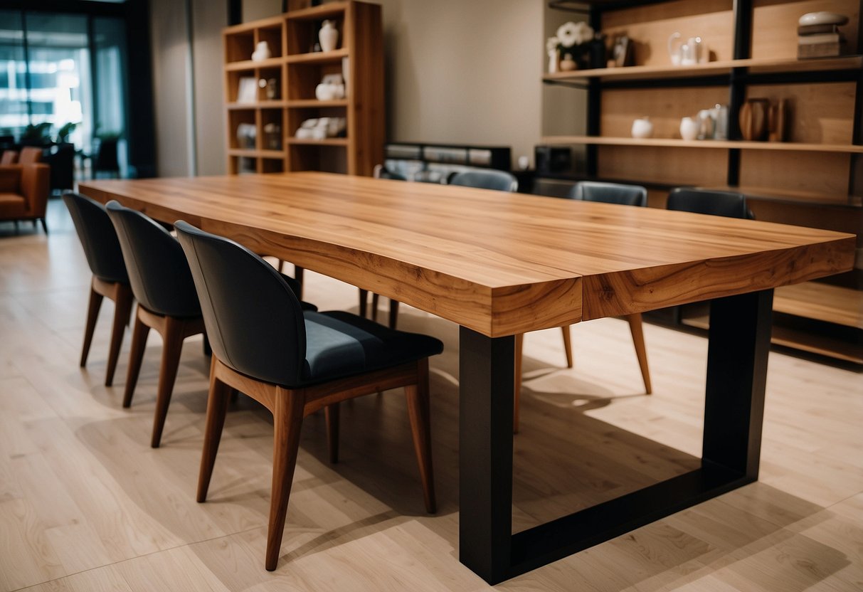 A modern, sleek table made of teak wood sits in a showroom surrounded by various furniture styles and materials in Singapore