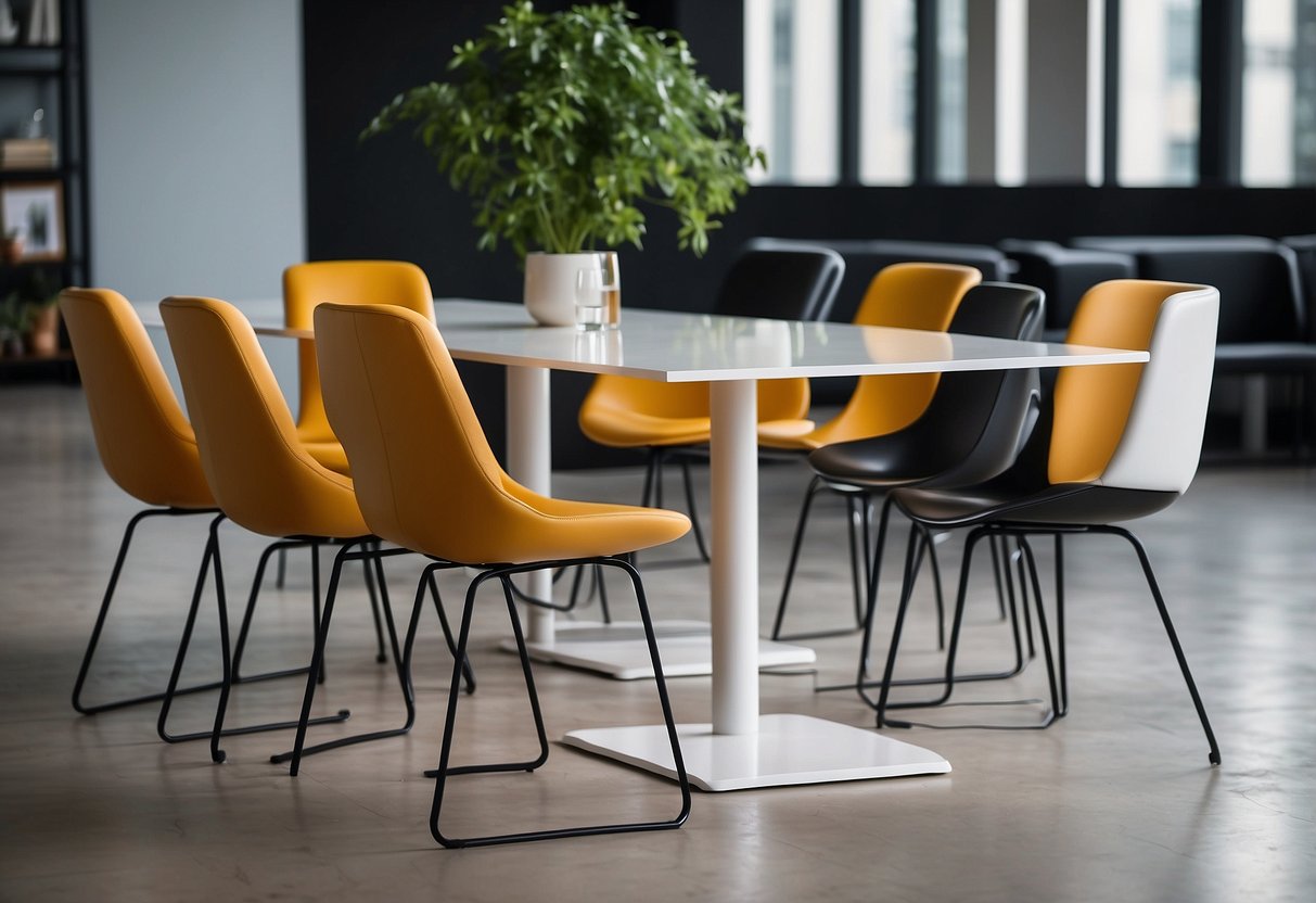 A modern, minimalist table with sleek lines and a glossy finish sits in a spacious, well-lit room surrounded by various styles of chairs and sofas