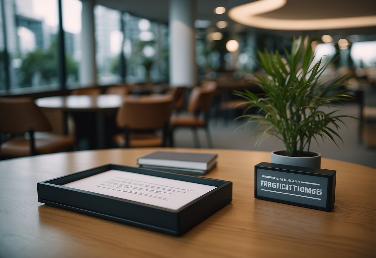 A table with "Frequently Asked Questions" signage, surrounded by modern Singapore furniture