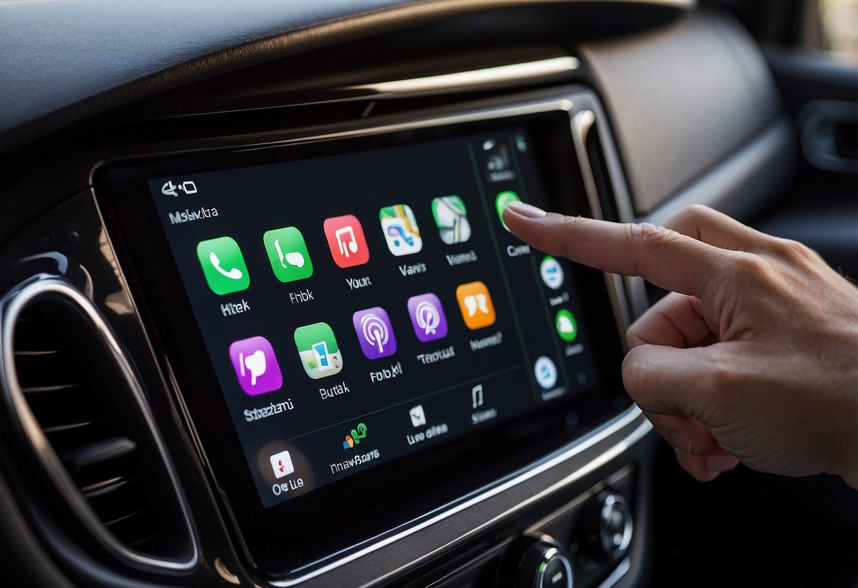 A hand reaching for the car's infotainment screen. A finger pressing the "disconnect" button on the Apple CarPlay interface