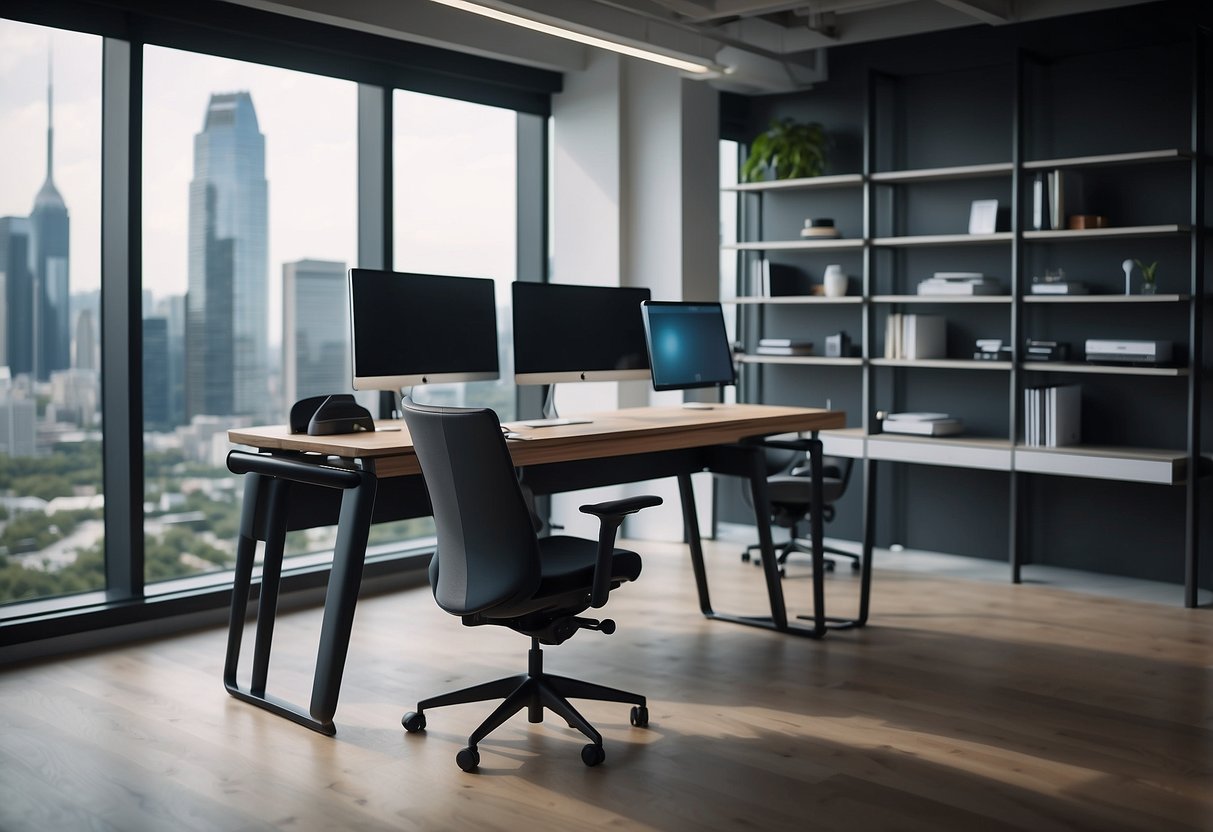 A sleek desk with adjustable monitor arms, ergonomic chair, and storage cabinets in a modern office setting