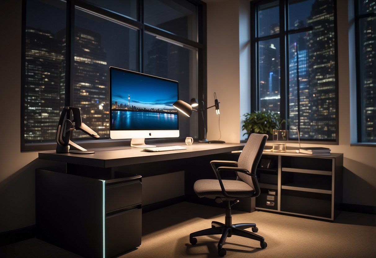 A sleek, modern desk with adjustable height and integrated cable management. A comfortable chair with lumbar support. Clean, organized workspace with storage shelves and task lighting