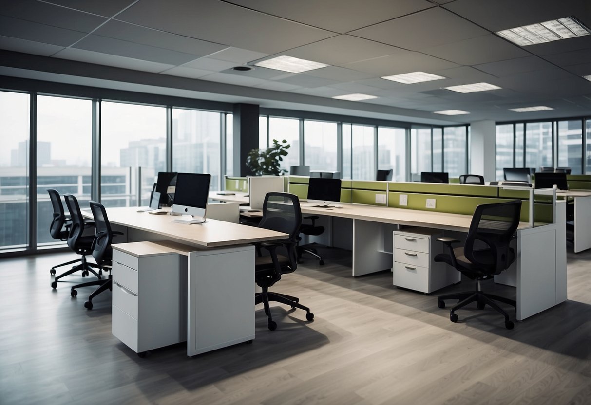 A modern office with integrated technical furniture, including desks, chairs, and storage units, arranged in a sleek and functional layout