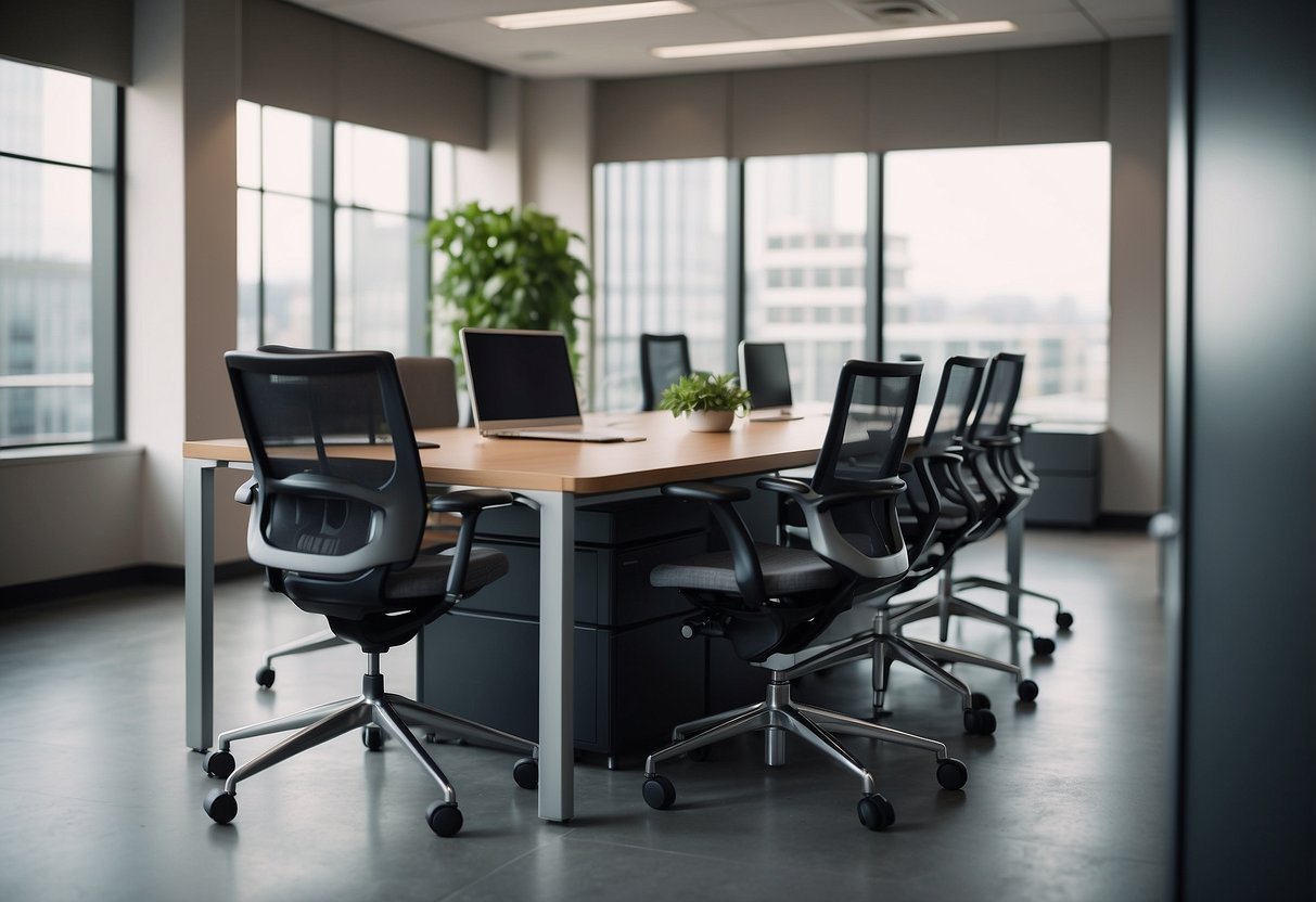 A modern office space with sleek, ergonomic furniture and a prominent "Frequently Asked Questions" sign on a wall