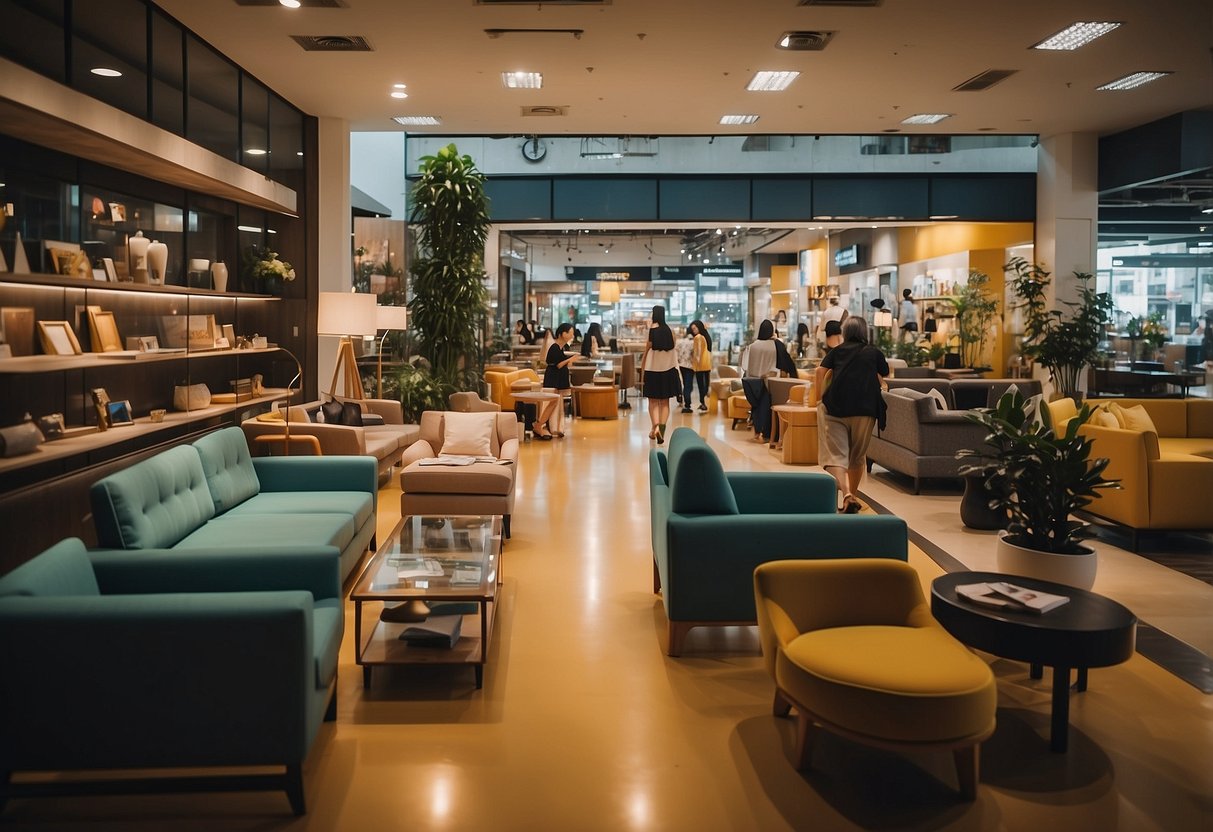 A bustling scene at Toa Payoh 177 furniture shop. Show various furniture displays and customers browsing. Vibrant and lively atmosphere