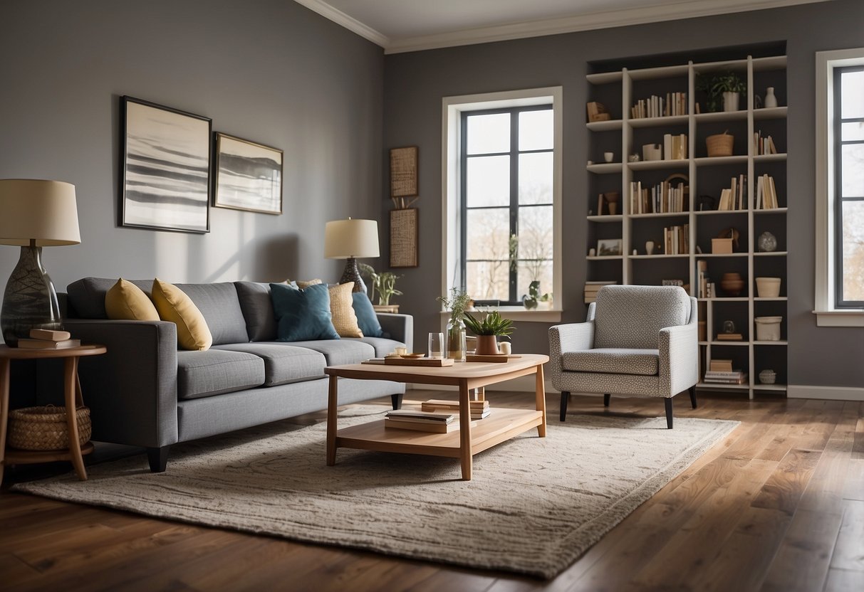 A living room with a sofa, coffee table, armchair, and bookshelf. The walls are adorned with framed artwork, and a rug covers the floor
