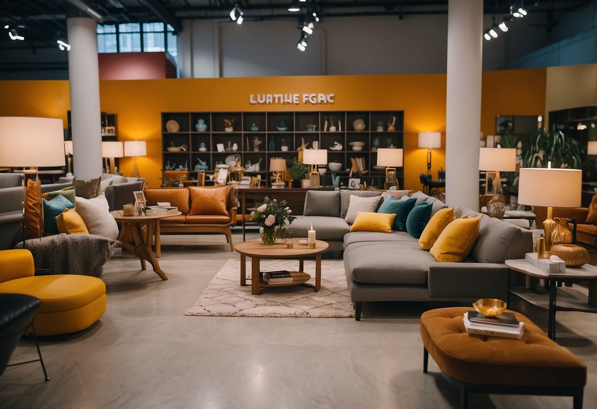 The furniture shop is filled with a variety of items, from sofas and tables to shelves and lamps. The space is well-lit and organized, with vibrant colors and inviting displays