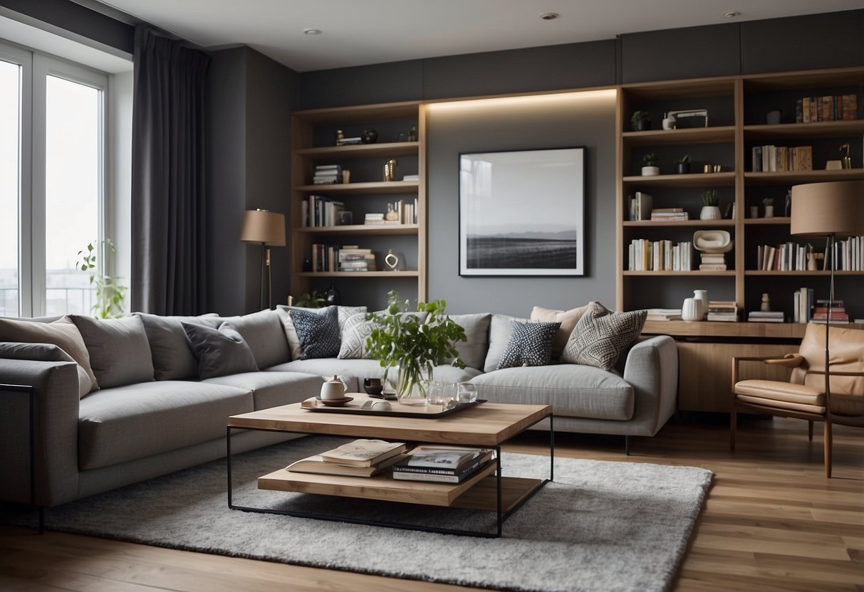 A living room with a sofa for seating, a coffee table for placing drinks, and a bookshelf for storage