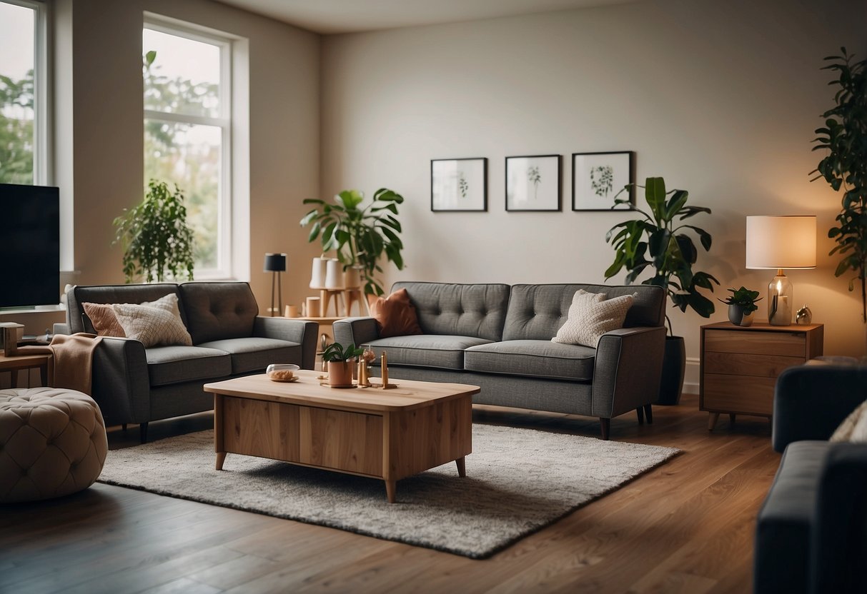 A room with various furniture types arranged neatly. Labels or signs indicate "Frequently Asked Questions" for each piece