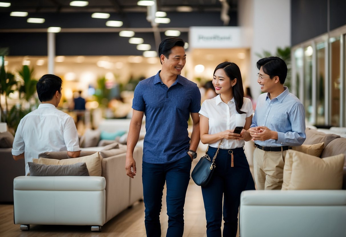 Customers browse furniture in a bright and spacious showroom at Toa Payoh 177. A friendly staff member assists a customer, while others explore the wide selection of home furnishings