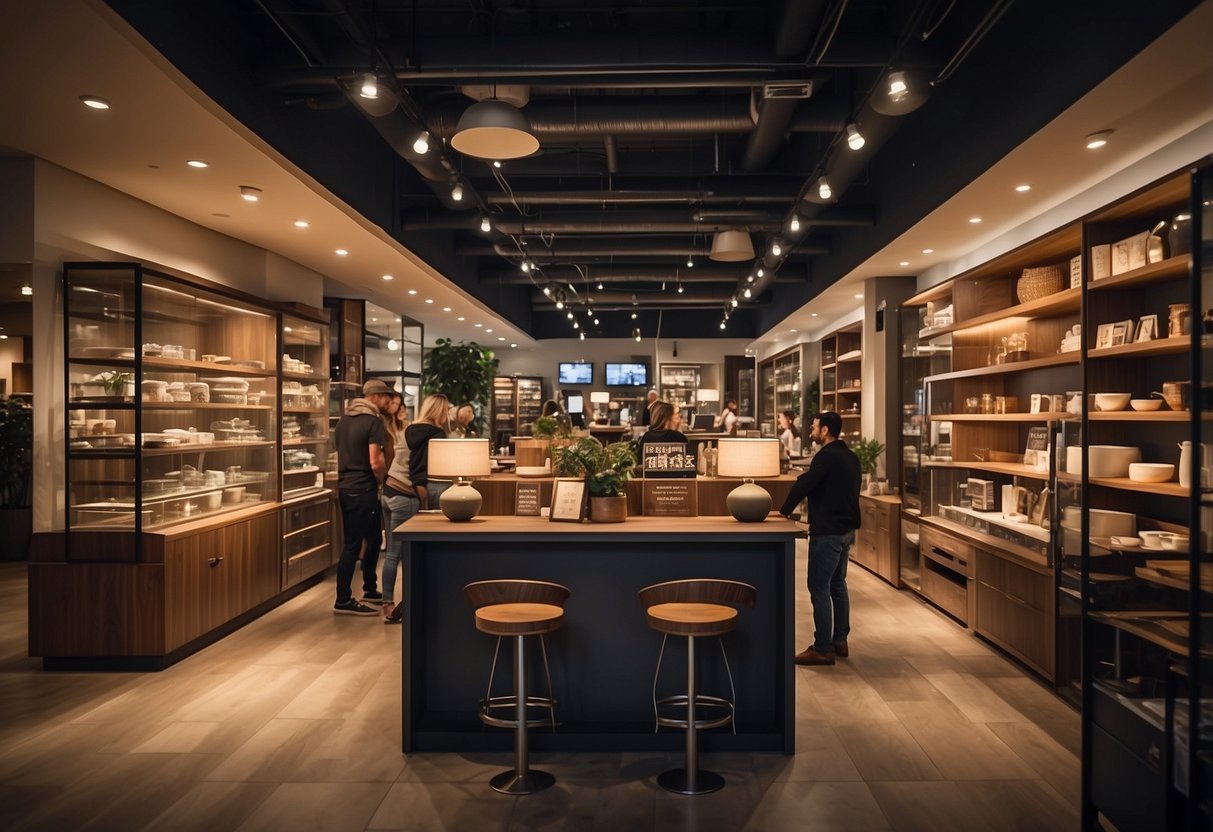 Customers browsing furniture, staff assisting, signage with FAQs, cozy atmosphere, shelves stocked with various items, payment counter, warm lighting