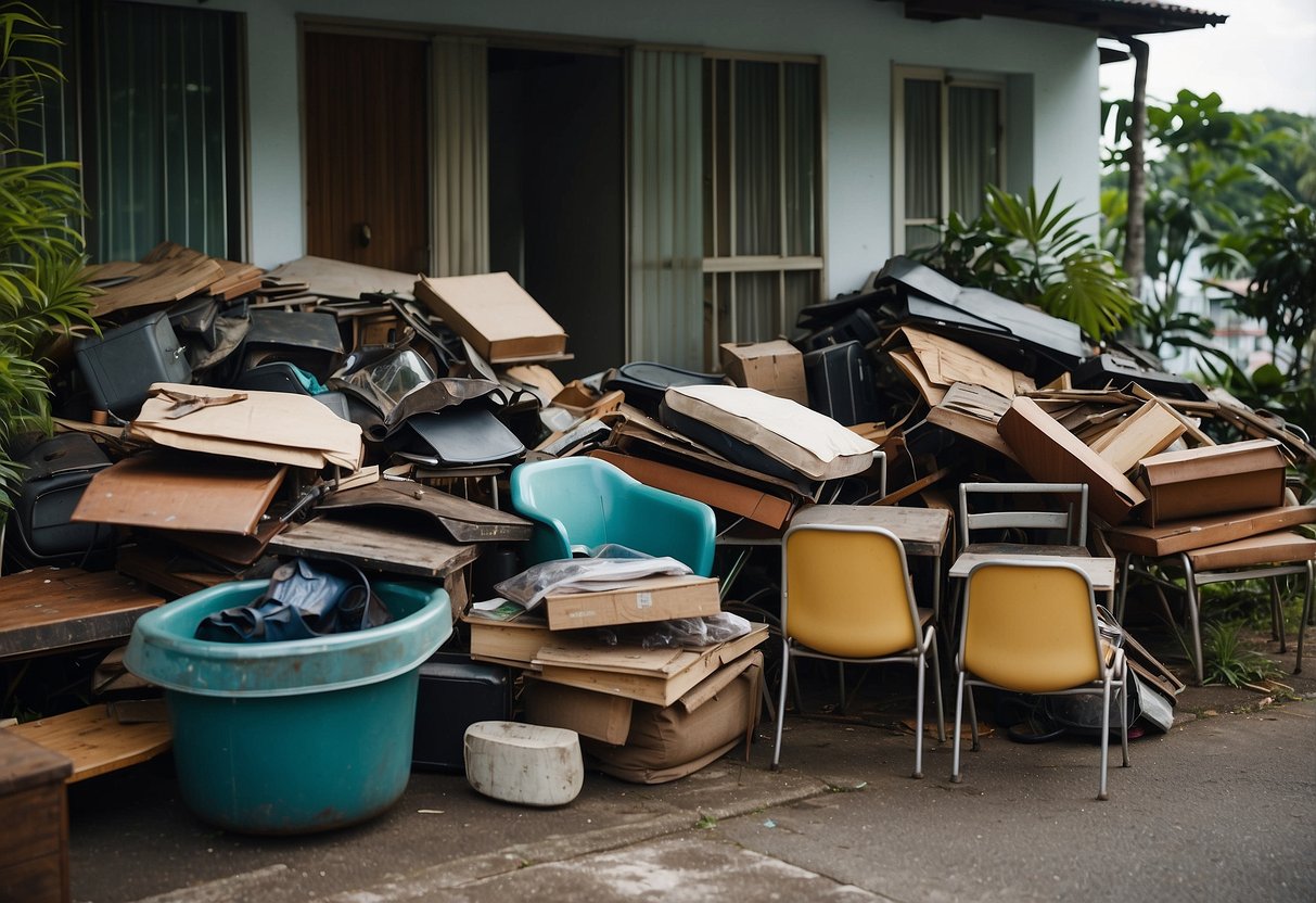 A pile of discarded furniture sits outside a Singaporean home, awaiting collection. The items include chairs, tables, and cabinets, reflecting the city's furniture waste issue