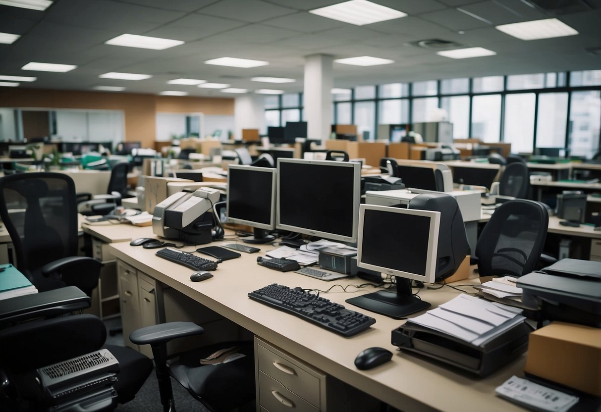 A cluttered office space with various used furniture items for sale in Singapore. Desks, chairs, and cabinets are arranged in a disorganized manner