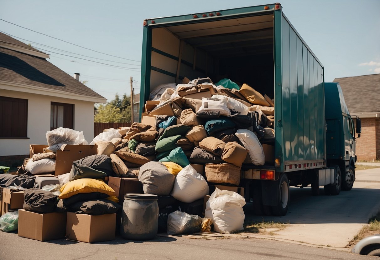 A pile of old furniture sits outside a house, ready for collection. A garbage truck waits nearby, with workers loading items into the back