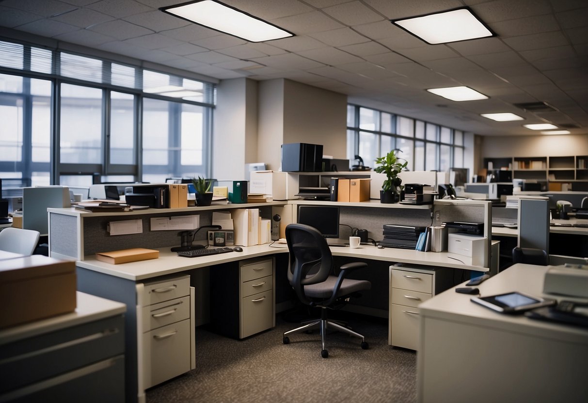 A cluttered office space with various desks, chairs, and cabinets for sale. Bright lighting and clean surroundings showcase the quality of the used furniture