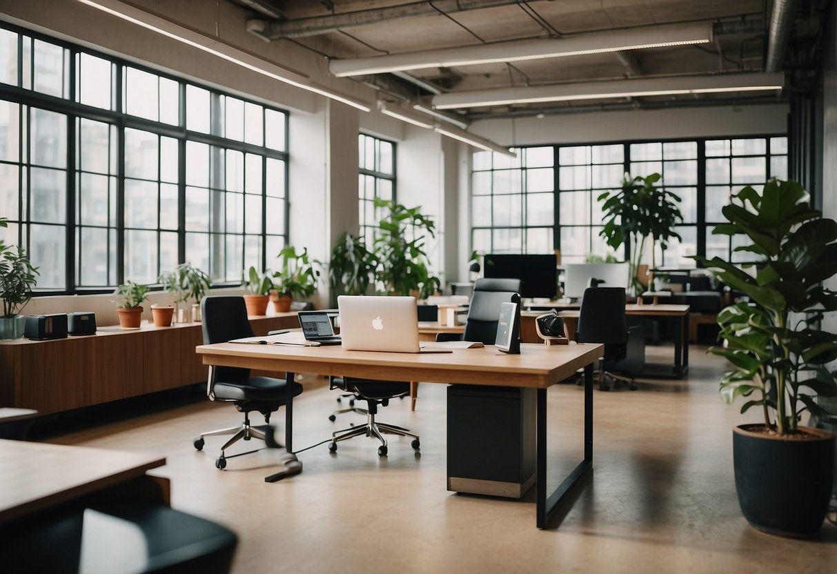 An office space with a mix of modern and vintage furniture, showcasing sustainable and budget-friendly choices