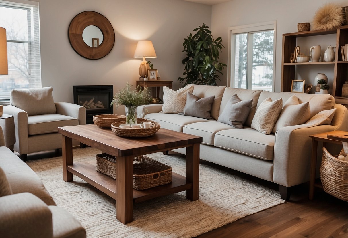 A cozy living room with a solid wood coffee table, bookshelves, and a dining set. The furniture is sturdy and rich in texture, adding warmth to the space