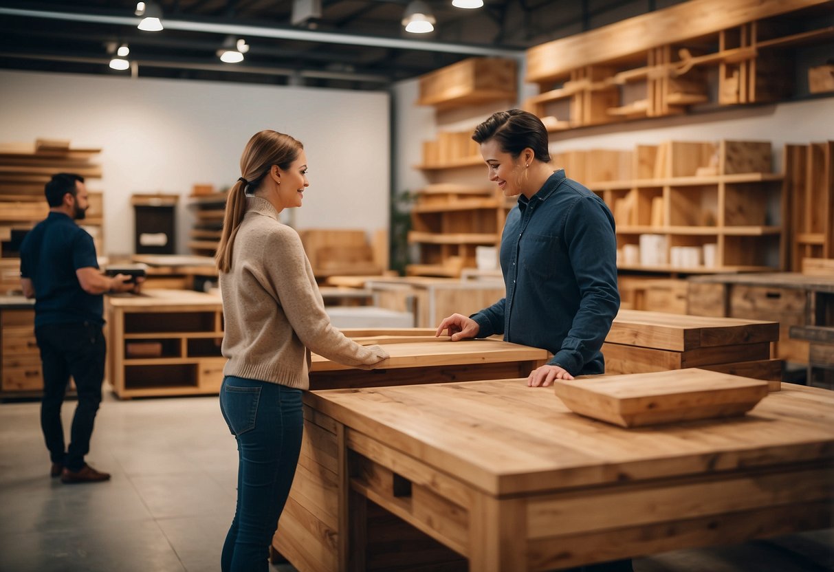 A person choosing solid wood furniture in a well-lit showroom with various options displayed and a salesperson assisting