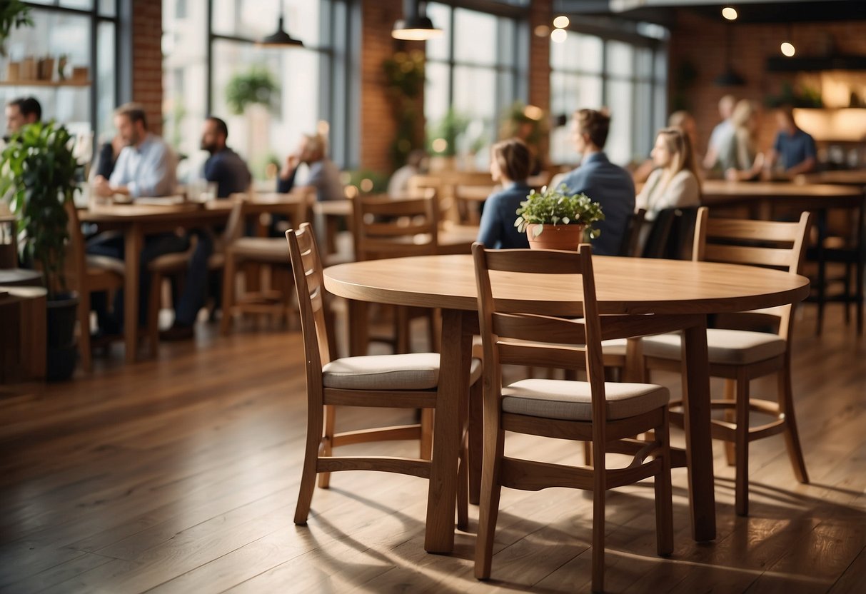 A wooden table and chair set surrounded by curious customers, with a sign reading "Frequently Asked Questions: What is solid wood furniture?" displayed prominently