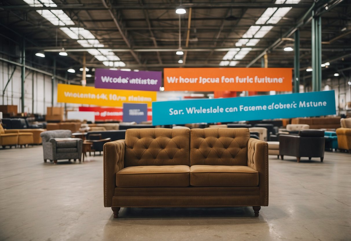 A spacious warehouse filled with rows of modern and classic furniture in various styles and colors, with large signage displaying "wholesale furniture near me."