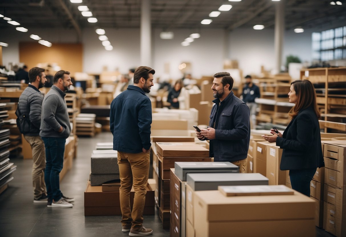 Customers browsing through rows of wholesale furniture, examining various options and discussing potential purchases with sales representatives