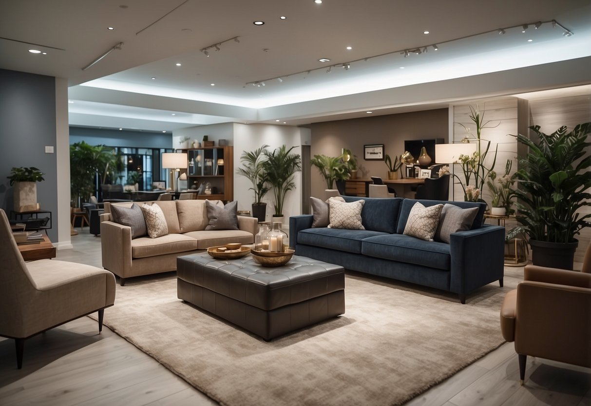 A spacious showroom with a variety of furniture styles and sizes, from modern to traditional, arranged in different room settings