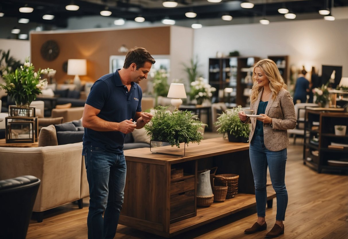 Customers browse through various furniture displays, while a sales representative assists with inquiries about wholesale furniture options