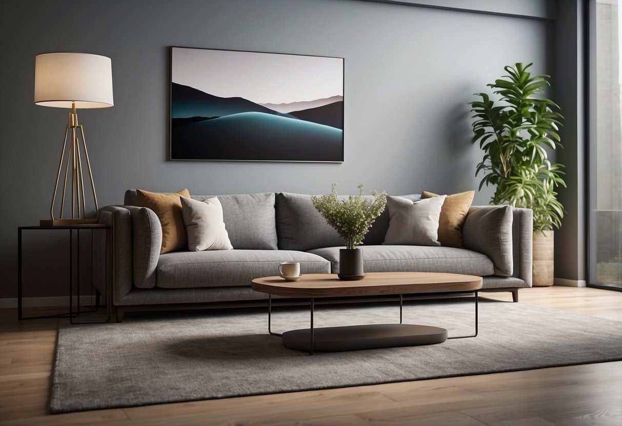 A modern living room with exclusive furniture, featuring a sleek sofa, a minimalist coffee table, and a statement piece of art on the wall