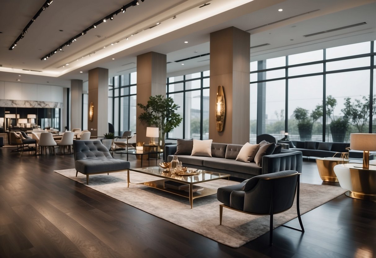 A spacious showroom with modern furniture displays and elegant decor. Bright lighting highlights the luxurious pieces