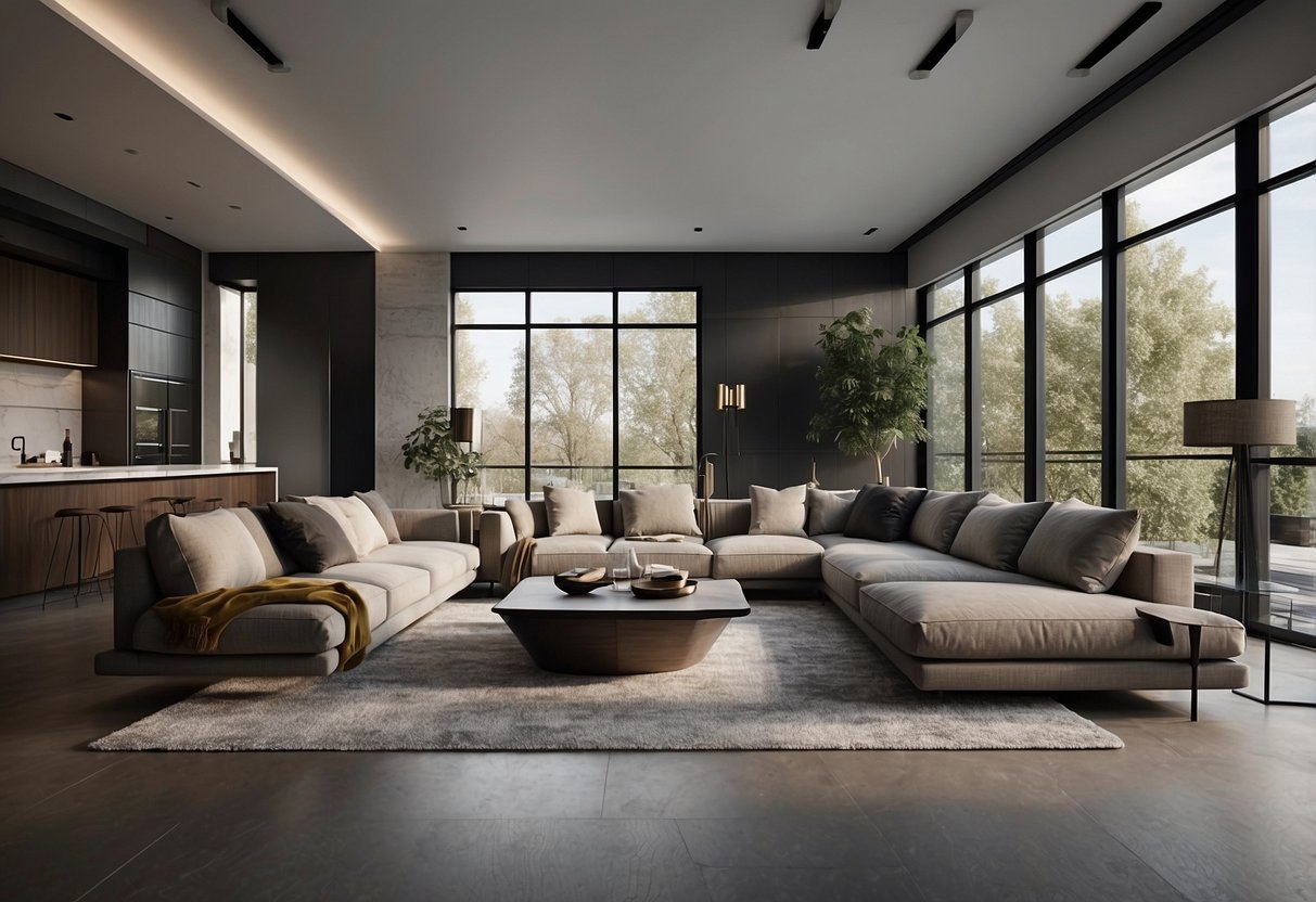 A modern living room with sleek furniture and clean lines, featuring X'clusive Home's signature pieces