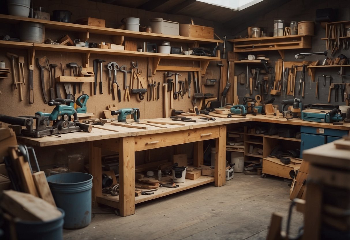 A cluttered workshop with tools and wood scraps, shelves of unfinished furniture, and a workbench with a saw and hammer