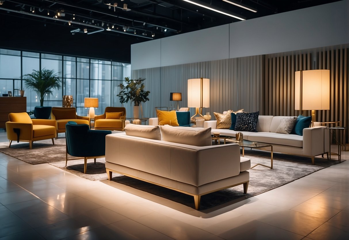 A modern furniture showroom with clean lines and exclusive pieces displayed. Bright lighting highlights the sleek designs