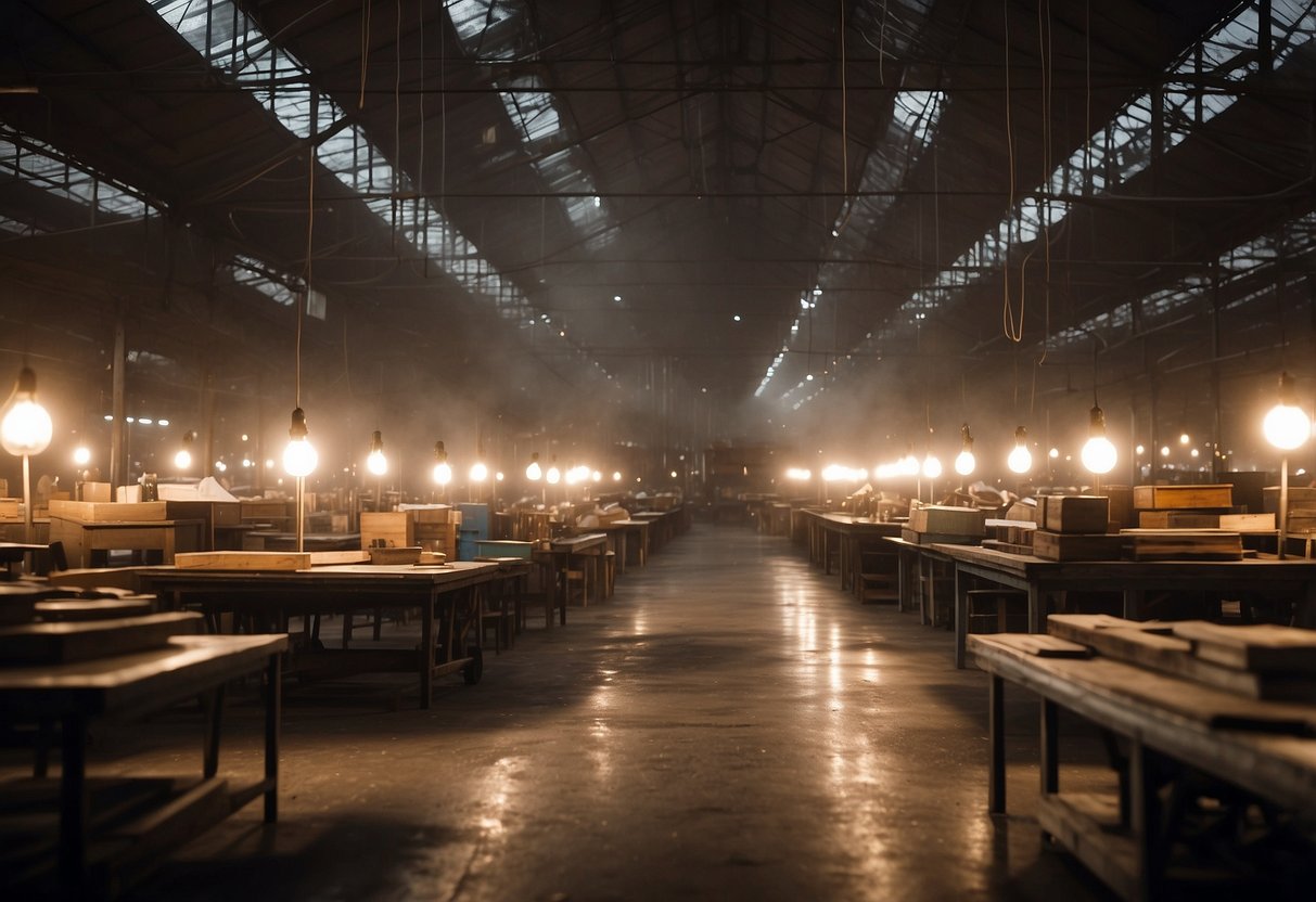 A cluttered warehouse with rows of vintage furniture, dimly lit by hanging bulbs, and dust particles floating in the air