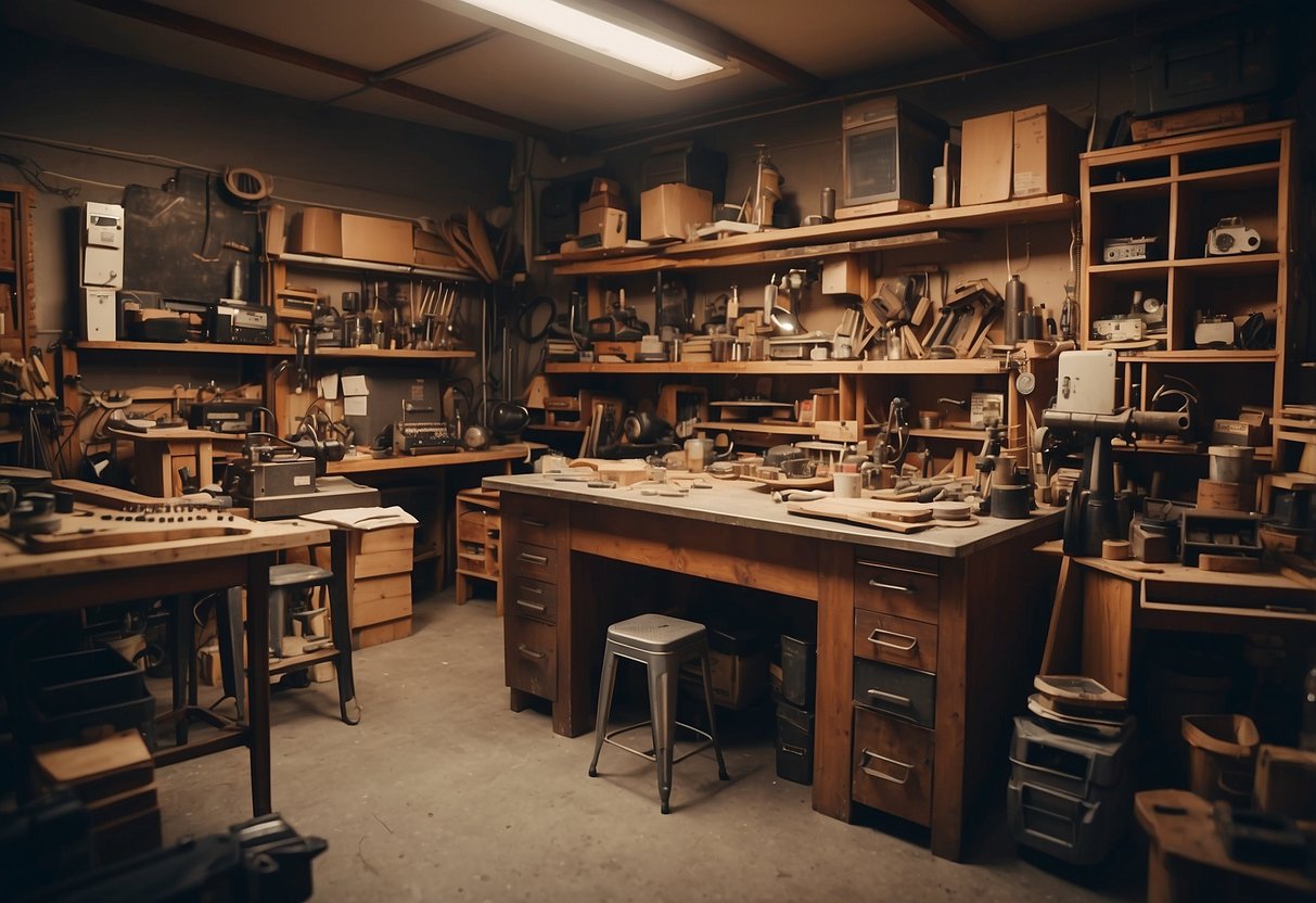 A cluttered workshop with tools and materials scattered on workbenches, shelves filled with wood and metal parts, and a sign reading "Practical Information Genting Lane Furniture."