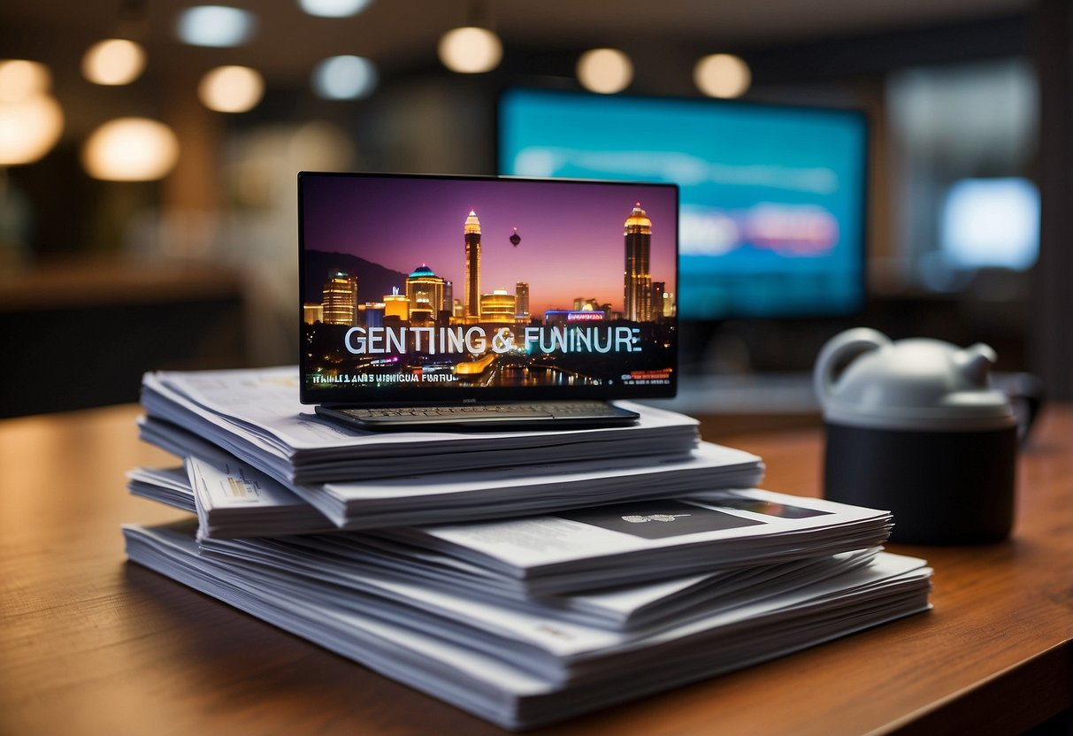 A stack of brochures and a computer screen displaying FAQs about Genting Lane furniture