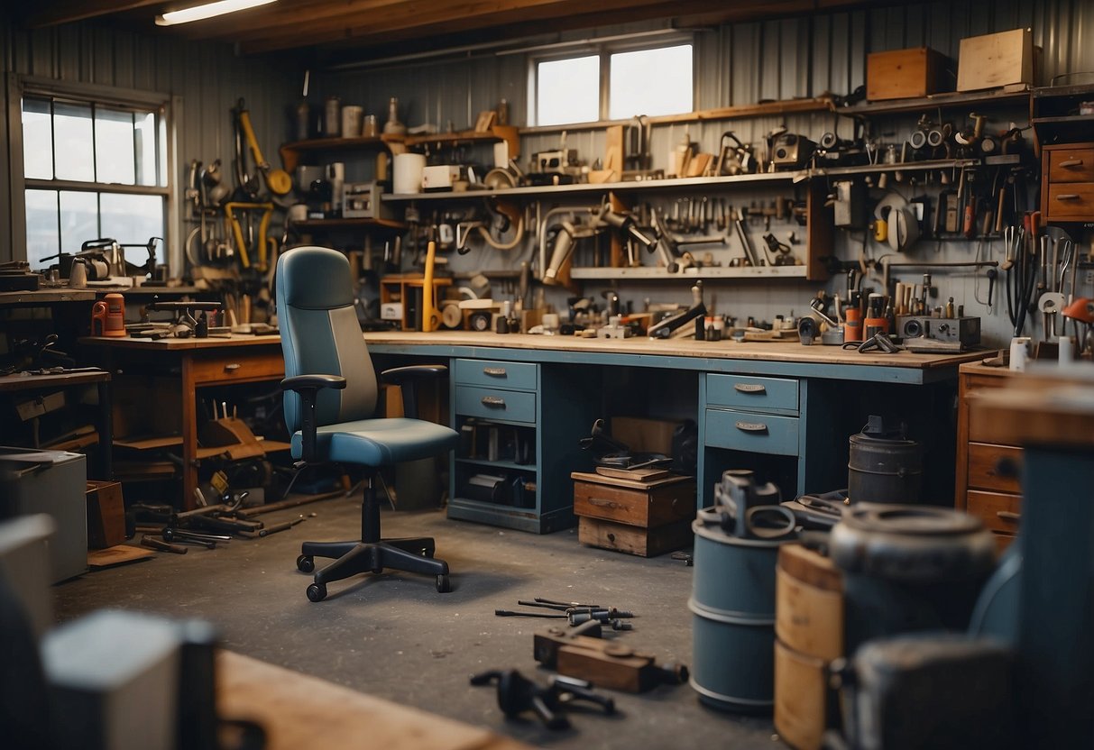 Aircraft parts scattered among furniture, tools, and workbenches in a cluttered workshop
