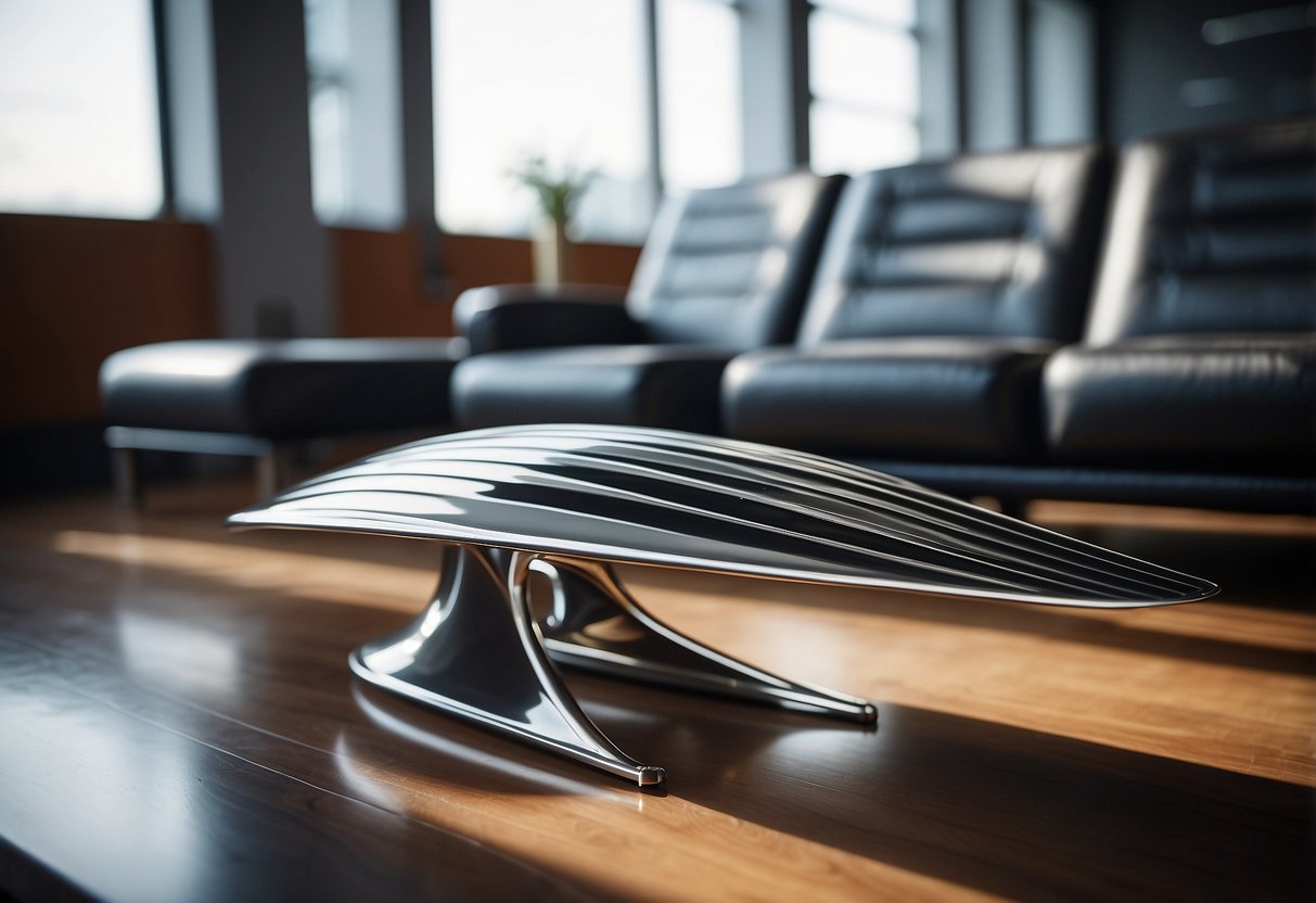 A sleek aircraft wing serves as a coffee table, with turbine blades repurposed as chair legs. The design is modern and industrial, with clean lines and metallic finishes