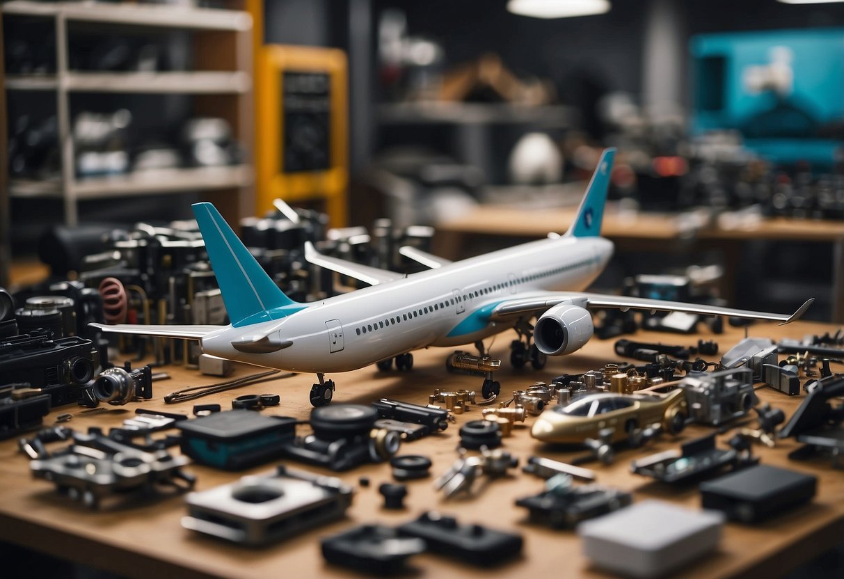 Aircraft parts scattered among furniture, organized for practicality and easy access