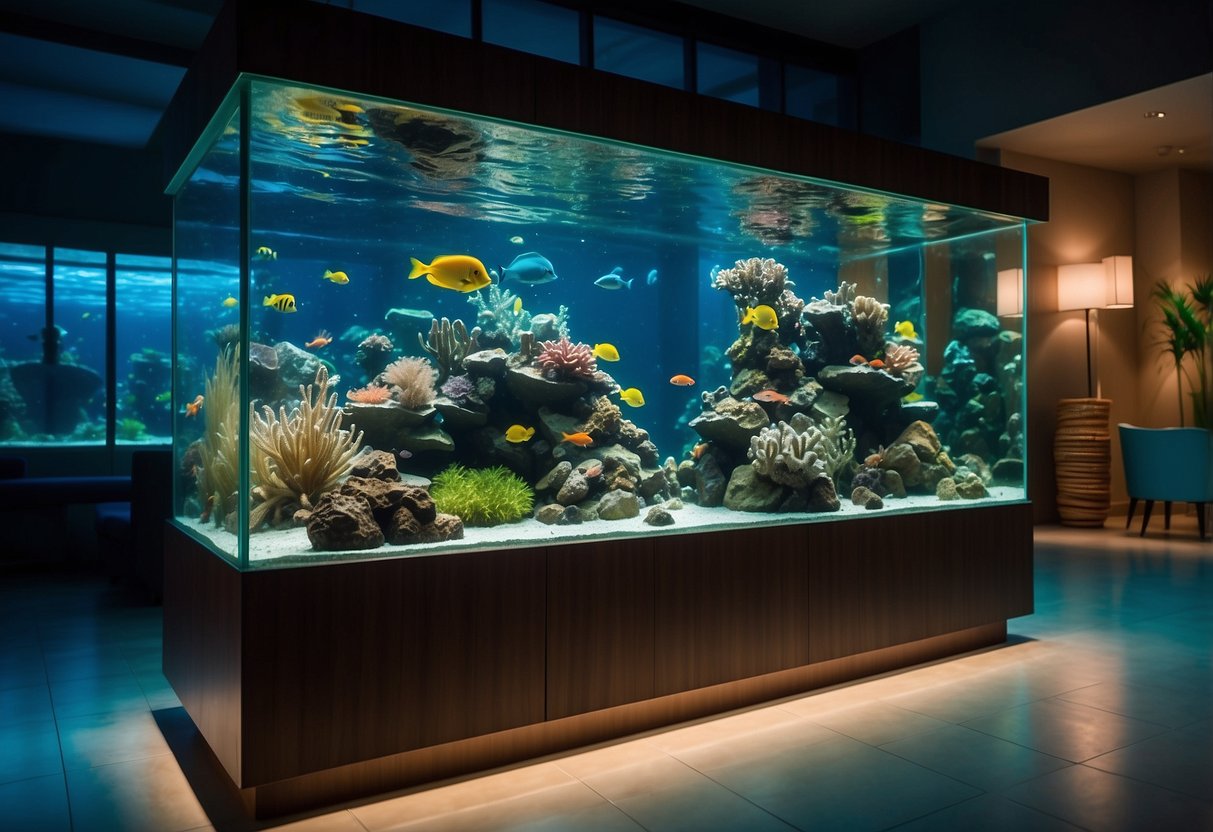 An aquarium with a variety of furniture, including coral, rocks, and plants, creating a vibrant underwater landscape