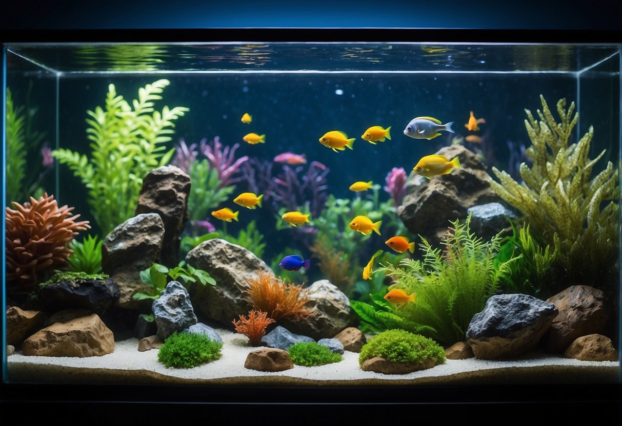 A colorful aquarium with a variety of fish swimming among vibrant plants and decorative rocks. A sleek and modern aquarium stand complements the overall aesthetic