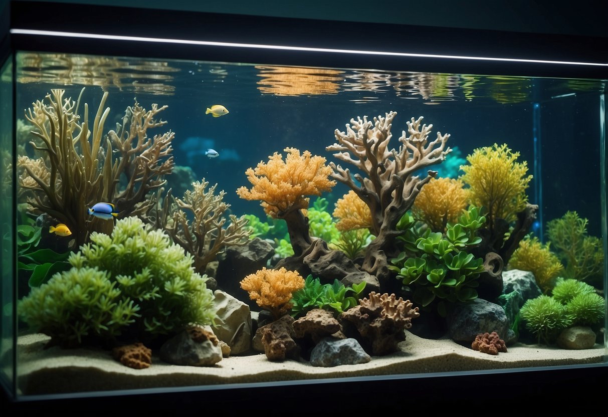 Lush green plants, colorful corals, and smooth driftwood arranged in a visually appealing layout within a spacious aquarium