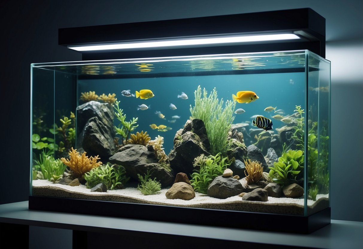 A modern aquarium with sleek, minimalist furniture. Clean lines and neutral colors create a calming atmosphere