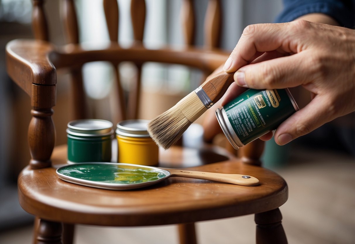 A hand holding a paintbrush, applying a smooth coat of paint onto a wooden chair, with a can of high-quality furniture paint and a paint tray nearby
