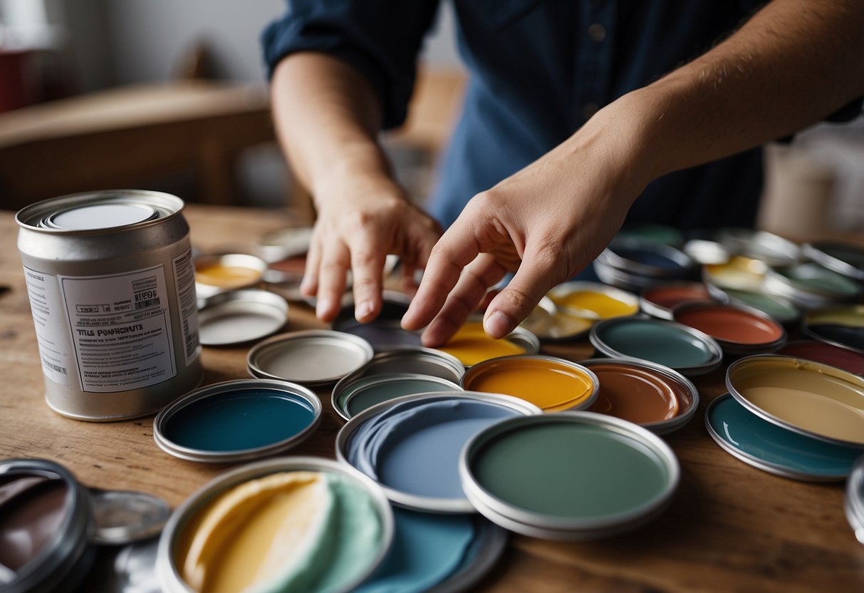 A hand reaching for a can of furniture paint, surrounded by various paint swatches and a piece of unfinished furniture